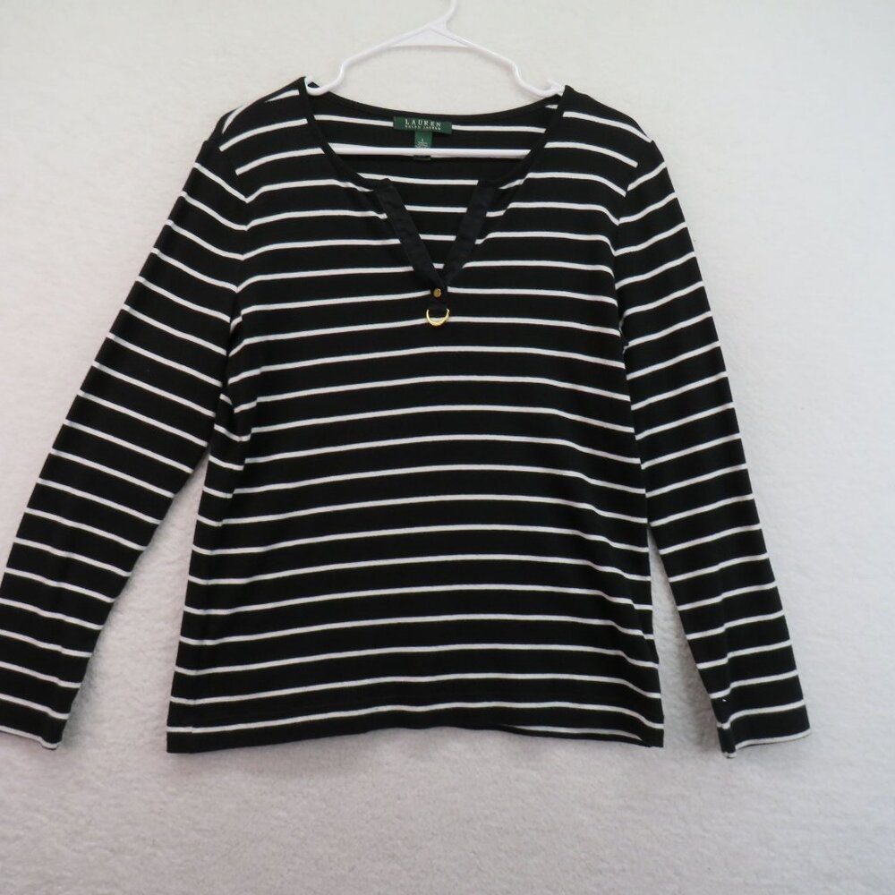 Ralph Lauren Sweater Size Large Black White Striped Gold Tone Logo Accent V Neck